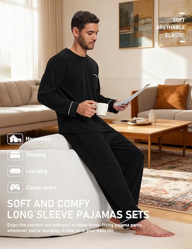 Image of Mofiz Men's Pajama Sets Viscose Long Sleeve Crewneck Warm Sleepwear