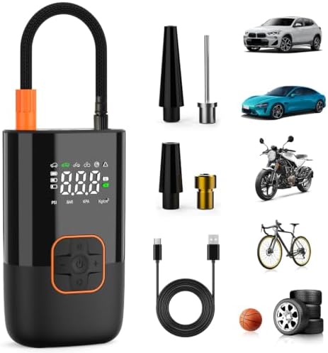 SFGSUP Kabellose Elektrische Luftpumpe, Tragbare Elektrische Reifenpumpe | mit Alle Ventile, Digitalem Manometer (150 PSI), LED-Leuchte, Wiederaufladbare, Fahrradpumpe für Auto/Fah