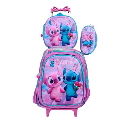 Kit Mochila Stitch com Rodinhas + Lancheira + Estojo Escolar