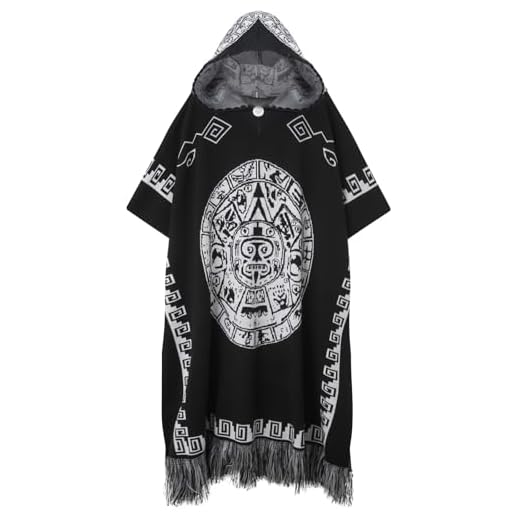 Poncho mexicano unissex serape com capuz vintage hippie ocidental poncho boho totem sem mangas suéter xale capa, Preto, Large-XLarge
