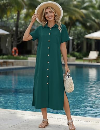 Image of HOTOUCH Womens Dress Summer Casual Midi Short Sleeve Button Down Shirt Dresses Loose Beach Cover Up with Pockets