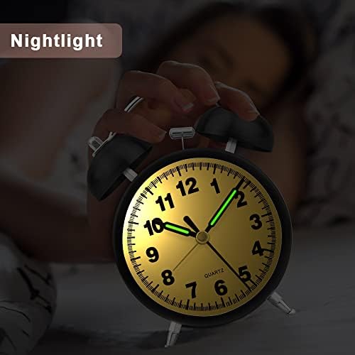 Cuzloma Retro Alarm Clocks Bedside Non Ticking Battery Powered Loud Twin Bell Bedroom Clock Vintage Old Fashioned with Night Light for Heavy SleepersBlack