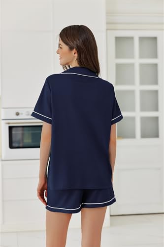 Image of Ekouaer Womens Waffle Knit Pajama Sets Soft Short Sleeve Button Down Sleepwear Cozy 2 Piece Pjs Shorts Set