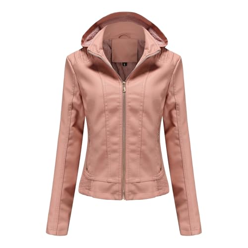 Hooded Faux Leather Jackets For Women - Waterproof Motorcycle Bomber Jacket PU Moto Biker Coat With Hood