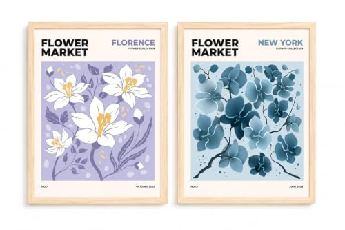 2Pc Framed Floral Wall Art Flower Market Print featuring Morning Glories and Pale Blue Blooms Botanical Aesthetic Painting Poster Wall Decor Suitable for Living Room Bedroom or Office 8x10 Inches