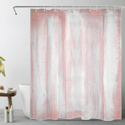 LB Rustikales Bauernhaus Duschvorhang 120x175cm(BxH) Rosa Holzdiele Antischimmel Wasserdicht Badezimmer Vorhänge, Vintage-Scheunenholz Extra Kurz Polyester Stoff Bad Vorhang mit Haken