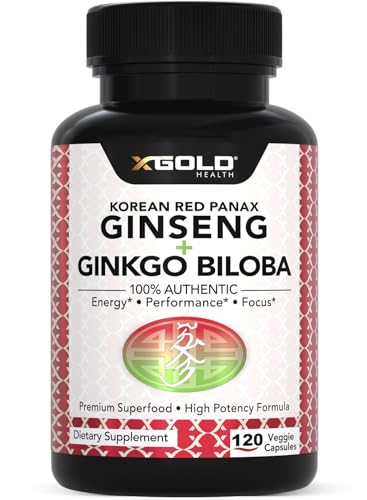 X Gold Health Korean Red Panax Ginseng + Ginkgo Biloba – 7% Ginsenosides Extra Strength – Energy, Memory, Focus & Brain Support – Premium Supplement for Men & Women – Non-GMO, 120 Vegan Capsules