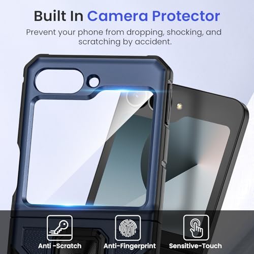 Image of VEGO for Galaxy Z Flip 6 Case Built-in Screen Protector& Hinge Cover | Built-in Magnetic Ring Kickstand Full Body Shockproof Protective Phone Case for Samsung Z Flip 6 2024, Blue
