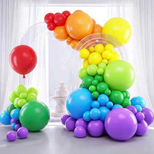 Image of RUBFAC Rainbow Balloon Arch Kit 129pcs Different Sizes Pack of 18 12 10 5 Inch, Latex Colorful Balloons Garland for Birthday Party Decorations
