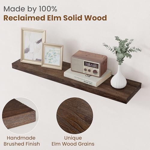 Image of Floating Shelves for Wall Decor, 8 Inch Deep Rustic Solid Elm Wood Floating Shelves Wall Mounted, Wall Shelves with Invisible Bracket for Living Room Bathroom Bedroom Kitchen, 32 Inch Set of 2, Walnut
