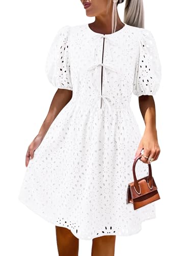 Image of KIRUNDO Eyelet Summer Dresses for Women 2025 Short Sleeve Tie Front Babydoll A Line Wedding Guest Beach Vacation Sundress