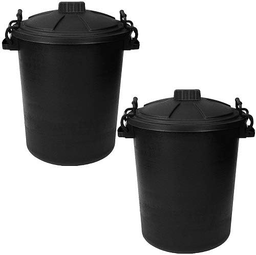 Srendi® 2 x BLACK 50L Litre Heavy Duty Plastic Bin Rubbish Waste Dustbin Home Garden Outdoor Animal Feed Storage Unit Clip on Locking Lid - Made In U.K.