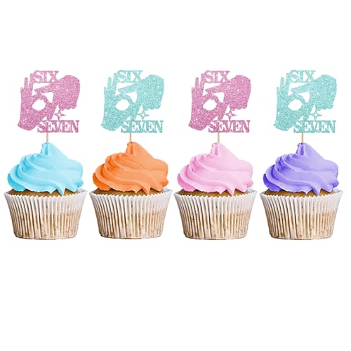 24pcs Funny 6 7 Cupcake Toppers, I Was 6 Now I’m 7 Birthday Cupcake Toppers, 6-7 Six Seven with Hand Cupcake Picks for Birthday/Gen Z Theme Party Decoration - Pink&Blue Glitter