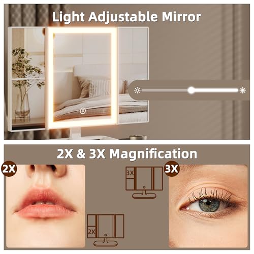Image of HIGDBFE Small Makeup Vanity Desk 27.5''W with Mirror and Lights, 3 Drawers | USB Lighted Mirror, Height-Adjustable Stand, Fabric Drawers, Girls /Kids Gifts, Bedroom, Small Space, Dorm, Black