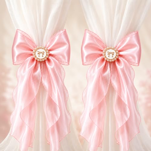 2 Pack Pink Bow Curtain Tiebacks - Decorative Satin Curtain Holdbacks for Girls Room...