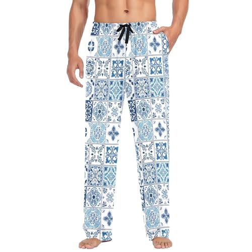 Men's Blue Vintage Tiles Pajama Pants with Pockets - Straight Fit Cotton Sleep Bottoms for Lounge & Nightwear#808