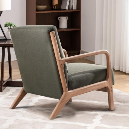 Image of Mid-Century Modern Accent Chair Set of 1, Upholstered Living Room Chairs with Waist Cushion, Reading Armchair for Home, Bedroom (Blackish Green)