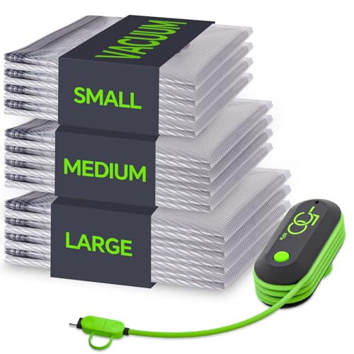 Vacbird Vacuum Storage Bags, Reusable Space Saver Bags with Electric Air Pump, Double Zip and Airtight Valve for Travel, 12 Pack