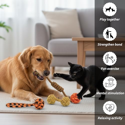 Image of Dog Rope Toys for Large /Medium Aggressive Chewers Tough Rope Chew Toy with Easy Hold Handle, Indestructible Natural Cotton Tug Rope (Rope Chew Toy Set of 5)
