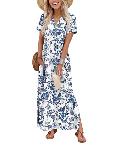 OFEEFAN Spring Dresses for Women 2026 Summer Sundresses Maxi Dress Short Sleeve Tea Party Outfits Travel Cruise Essentials Fashion Clothing Boho Blue L