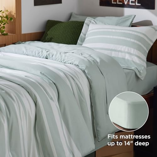 Image of Bedsure Twin XL Comforter Set 5 Pieces, Sage Green Striped Bedding Set for All Seasons, Reversible, Cationic Dyeing Bed in a Bag with Comforter, Sheets, Pillowcase & Sham