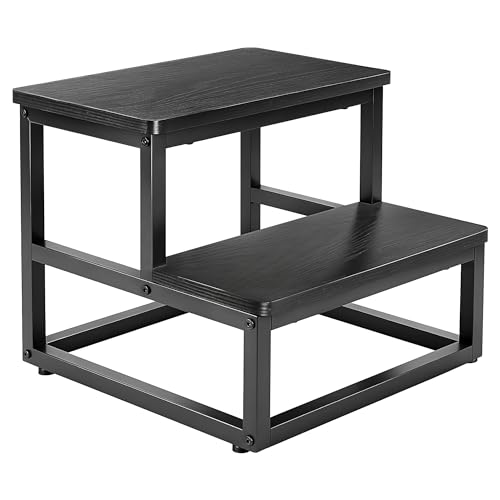 ROTTOGOON Step Stool 2 Steps for Adults Children Non-Slip Step Stool Wooden Metal Frame with 500 lbs Load Capacity Rounded Corner Design Footstool for Kitchen Bathroom Bedroom Caravan (Black)