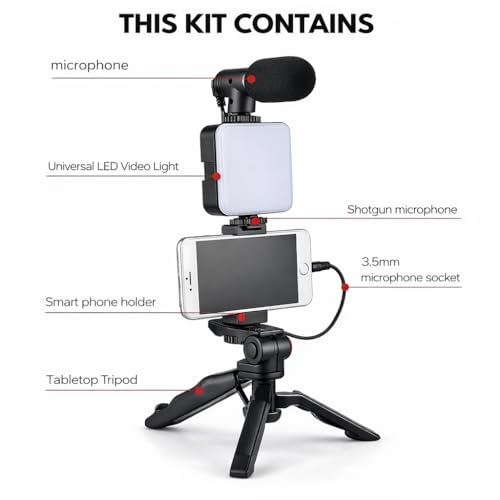 Image of 6 in 1 Mobile Video Recording Kit with Microphone & LED Light, Tripod Stand, Phone Holder & Bluetooth Remote, Professional Smartphone Vlogging Kit for Reels, Live Streaming, Content Creation