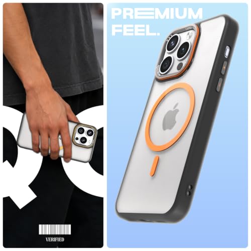 Image of Pikkme Back Cover for iPhone 14 Pro Max | Shockproof | Mag-Safe Compatible | Hard Transparent Back | Premium Raised Camera Protection | Bumper Case (Black & Orange Mag-Safe)