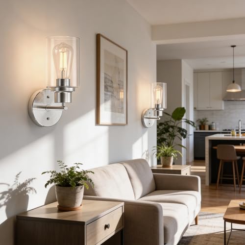 Image of 1-Light Bathroom Wall Sconce with Clear Glass Shade, Modern Vanity Light Fixture Over Mirror for Bathroom, Bedroom, Hallway, Living Room-Brushed Nickel