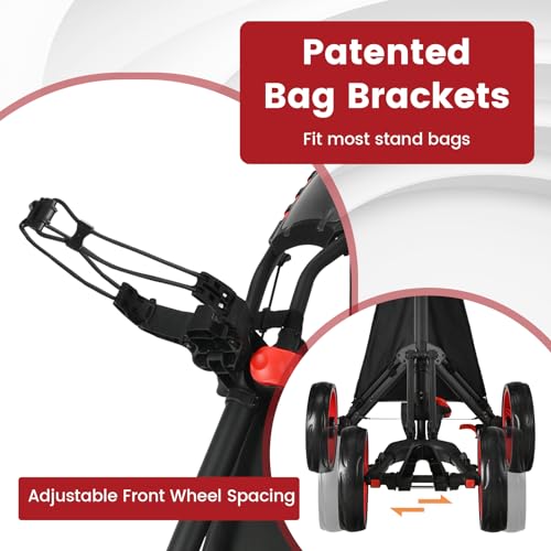 GYMAX 3/4 Wheels Golf Push Pull Cart, Lightweight Height Adjustable Golf Trolley with Storage Bag, Foot Brake, Umbrella Holder and Built-in Cooler, Foldable Golf Bag Holder (4 Wheels, Red) - Image 4