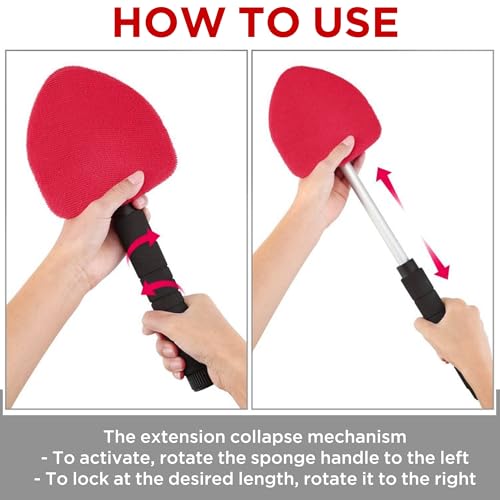 TAKAVU Windshield Window Cleaner Tool, Extendable Long-Reach Handle, Unique Pivoting Triangular Head, 3 Washable Reusable Microfiber Bonnets, Car & Home Inside Interior Exterior Use - Lint Free (Red) - Thumbnail 5