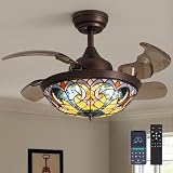 NOXARTE 36' Tiffany Ceiling Fan with Light Vintage Tiffany Fandelier Vintage Chandelier Fan Stained Glass Ceiling Fan Retractable Blades Stained Glass Ceiling Fan with Tiffany Light for Living Room