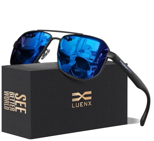 LUENX Aviator Sunglasses for Men Square Polarized Polygon Lens Mirror Dark Blue Lens