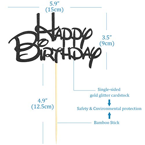 Black Happy Birthday Cake Topper - Black Glitter Birthday Party Cake Decoration Supplies, Cake Smash Decoration Photo Booth Props, Black Paper Cake Topper Flags Sign #TOP2