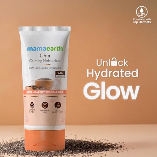 Image of Mamaearth Chia Calming Moisturizer with Chia Seed & Ceramides for Healthy Skin Barrier | For Hydrated Glow | Co-Created with Dermats | For Dry & Sensitive Skin | 24H Long Lasting Moisturization | Fragrance Free | 80 g