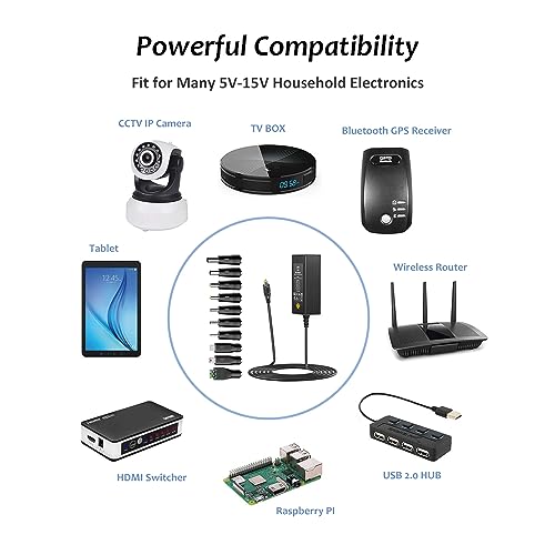 Zolt 45W Universal Netzteil AC zu DC 5V 6V 7.5V 9V 12V 13.5V 15V 3A Schaltnetzteil mit 10 DC-Stecker für Lautsprecher Tablet und mehr Haushaltselektronik, 3000mA Max.
