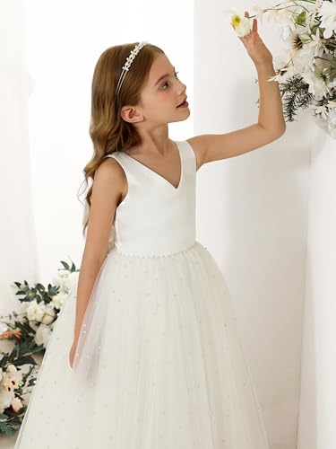 Sleeveless Flower Girl Dress V-Neck Satin Tulle First Communion Gown Pearls Wedding Party Long Dresses with Bow4