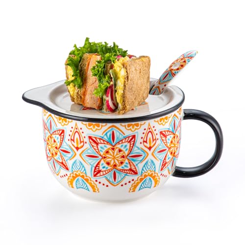 Chubacoo Soup Bowl with Lid & Spoon: Ceramic Large Microwavable Bowl with Plate Combo - Ideal for Ramen Cereal Oatmeal Noodles Sandwich Chip & Bread Dip Cracker - Big Handle, 32 oz, D-pattern by Chubacoo - Image 5