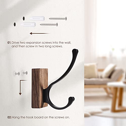 Acmetop Coat Hooks Wall Mounted, Walnut Wood Wall Hooks For Hanging, 4 Pack Heavy Duty Double Towel Hat Hooks Rack, Rustic Decorative Hooks For Hanging Coats, Towels, Keys, Bags, Robes #TOP5