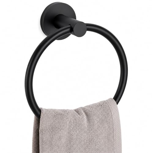 Image of Zollyss Towel Ring for Bathroom | SUS 304 Stainless Steel Hand Towel Holder | Matte Black Wall Mounted Round Towel Hanger | Rust Proof 180 Swivel Wash Basin Towel Ring with Installation Hardware