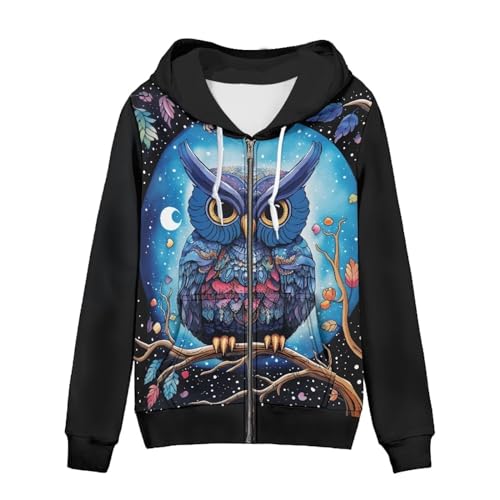 WELLFLYHOM Y2k Sweat à Capuche zippé à Manches Longues pour Femme, Hibou de Dessin, Medium