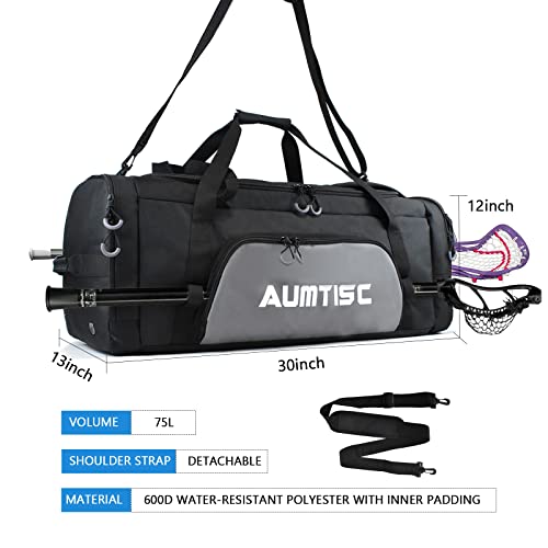 AUMTISC Lacrosse Bag Backpack, 2 Stick Holders and Separate Shoes Cleats Compartment, 75L Large Capacity to Holds All Lacrosse Equipment or Field Hockey Gear