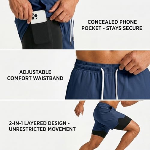 Image of BOLDSHARK Men's 2 in 1 Active Dual Shorts with Inner Tights Layer | Double Layer Short for Running, Gym & Sports