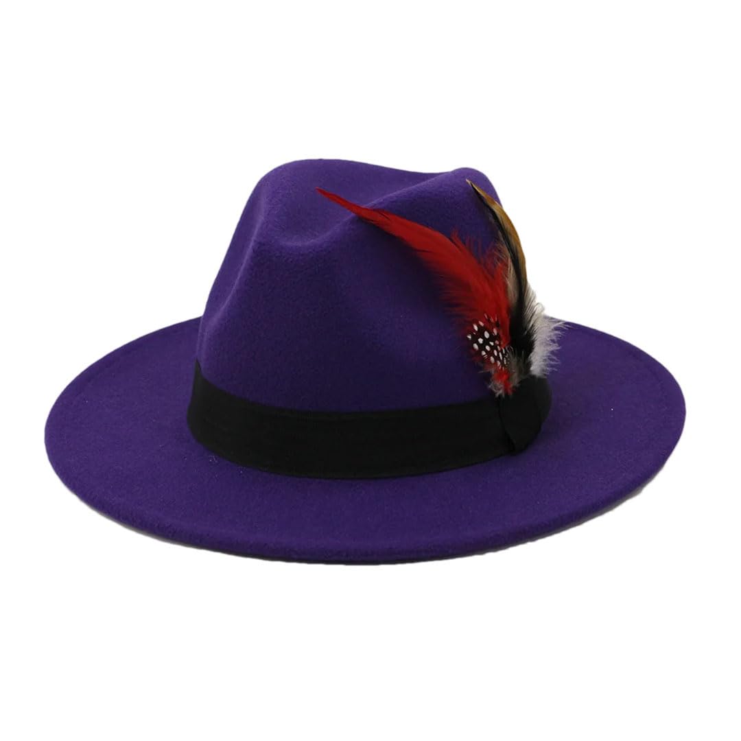 Kobiety mężczyźni szerokie rondo wełniany filc Fedora Panama kapelusz z piórami Jazz Trilby Cap Party Church Formalny Top Hat