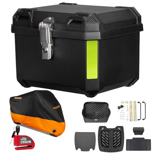 OFFCEI Caja para Moto 45L de Plástico, Profesional Maletero Para Moto con Interior Forrado de Vinil y Funda y Alarma para Moto, Impermeable Cajuela para Moto, ABS Top Case Motocicleta (Negro)