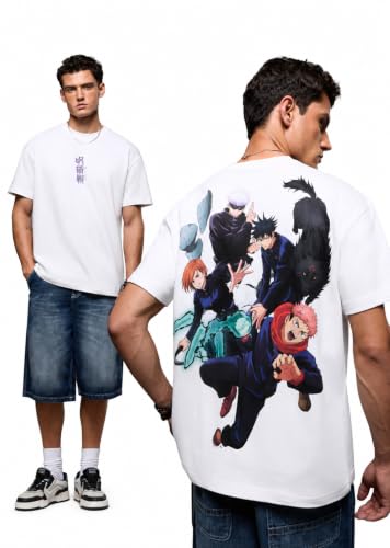 Image of The Souled Store Jujutsu Kaisen: Satoru Gojo Men and Boys Short Sleeves Round Neck Purple Graphic Printed Cotton Oversized Drop Shoulder Anime Streetwear Casual T-Shirts