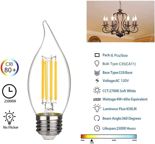 Kgc Led Candelabra Bulb, 2700K Warm White,450Lm,Led Dimmable Edison Bulb,4.5W Equivalent To 60W, E26 Medium Base Led Candle Bulbs,Ul Listed Ca11/C35 Clear Glass Flame Shape Bent Tip (Ca11-6 Pack) #TOP2