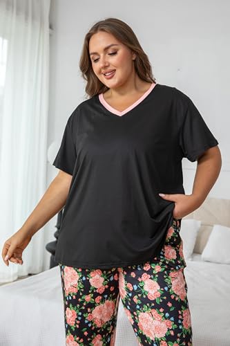 Image of Vozanet Women's Pajama Sets Short Sleeve with Long Pant Soft Sleepwear Printed pj Loungewear With TWO Pockets Size 1X to 5X