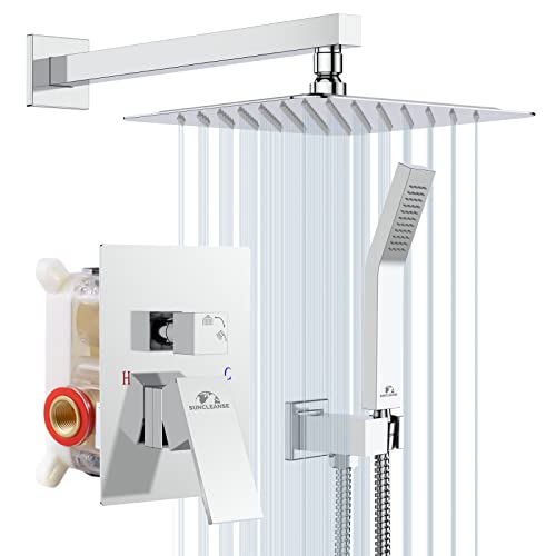 Rain Shower Faucet System Set: Rainfall Shower Faucets Sets Complete Shower Combo Set, Wall Mounted Modern Luxury Shower Systems With Rain Shower And Handheld Shower Mixer Valve, Polished Chrome #TOP21