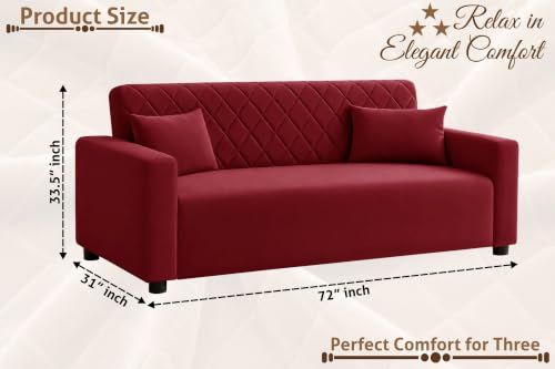 Image of Rosebell 3 Seater Wooden Sofa for Living Room, Modern Fabric Upholstered Sofa with Quilted Backrest, Cushioned Seating, Padded Armrests & Sturdy Wooden Frame - Red